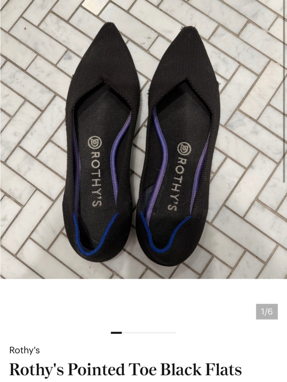 Rothy's Black Pointed Toe Flats with Purple & Blue Trim